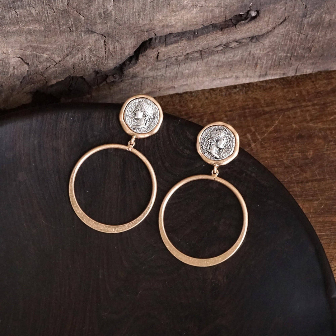 Coin and Hoop Earrings :Silver Tone