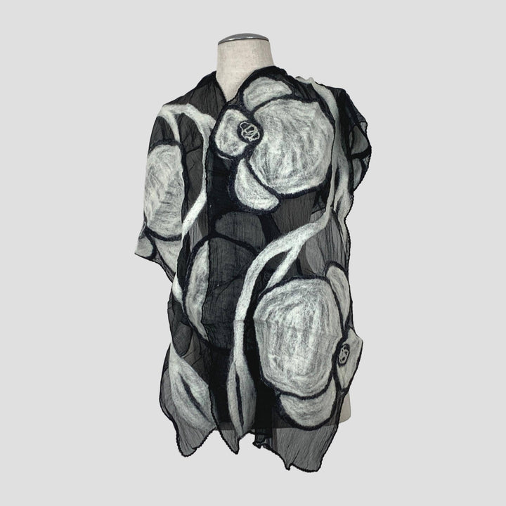Black On White Flower Wet Felt Scarf