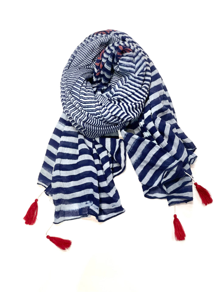 Stripe Cotton Scarf Navy