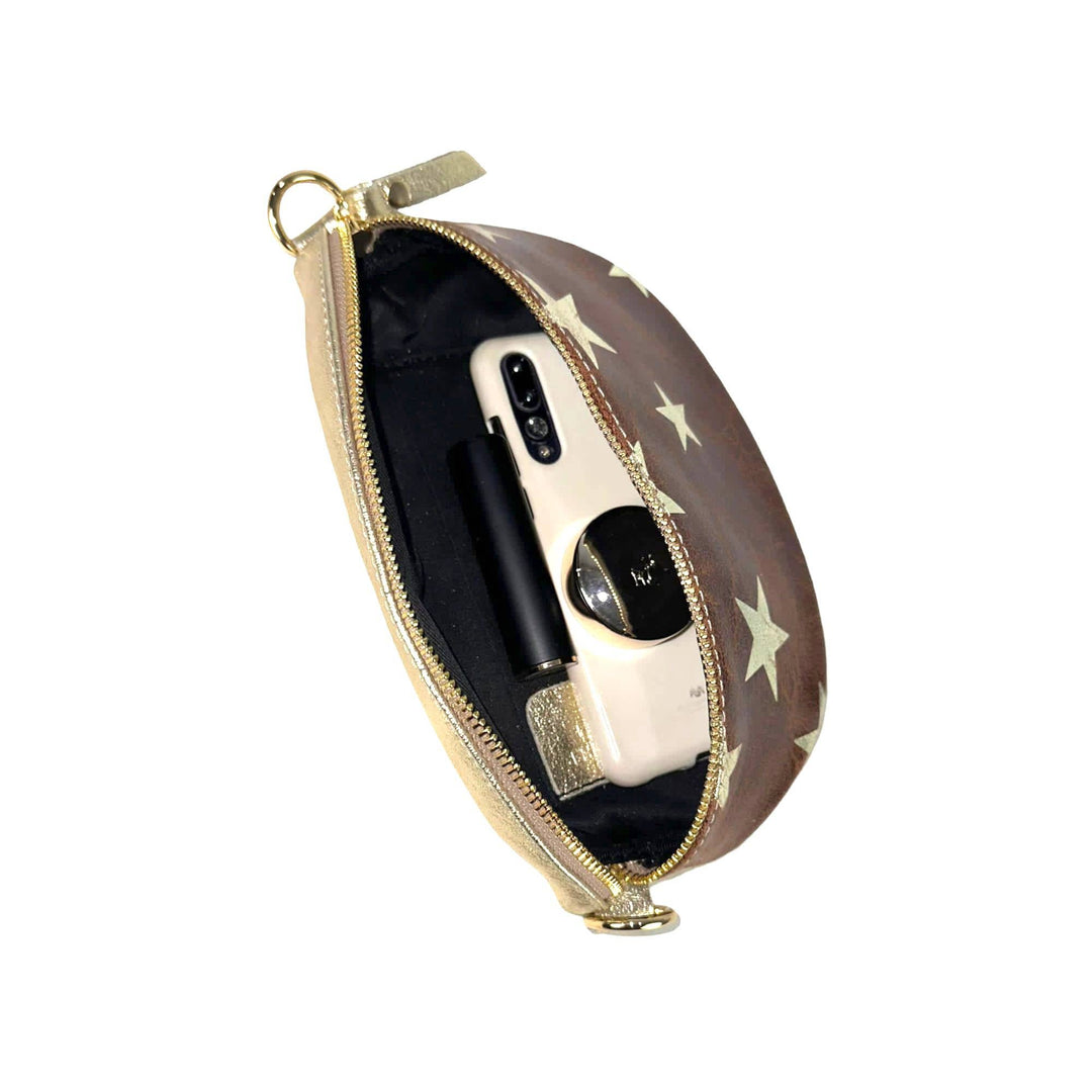 Metallic Leather Waist Bag with Star Print: Brown
