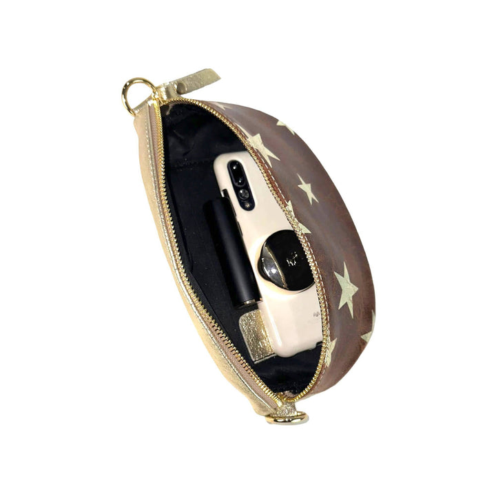 Metallic Leather Waist Bag with Star Print: Brown