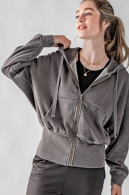 WASHED ZIP UP HOODIE JKT: BLUE FOG