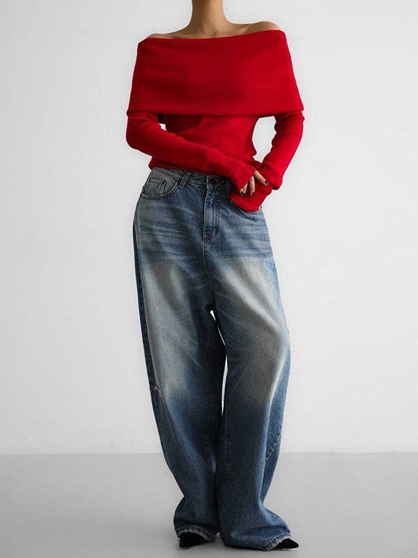 Off Shoulder Sweater:Red /S