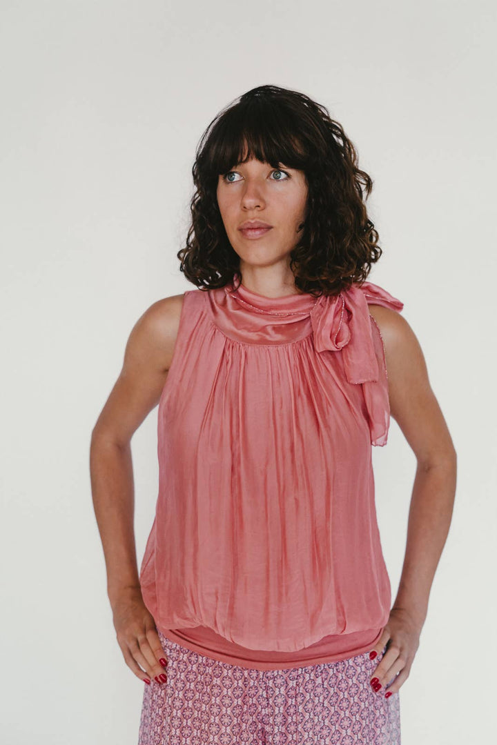 Silk Tie Neck Top: Sage