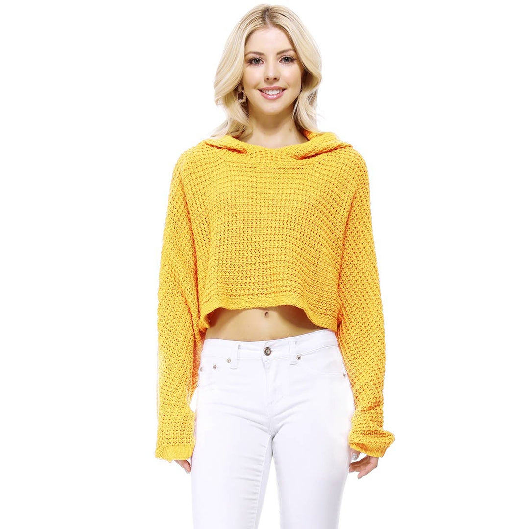 Crop Waffle Knit Hoodie: BLACK / SM