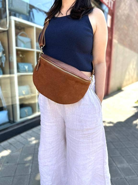 Large Suede and Leather Waist Bag: Olive Green