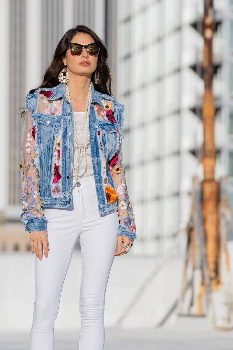 Denim Lace Jacket with Floral Embroidery: XL