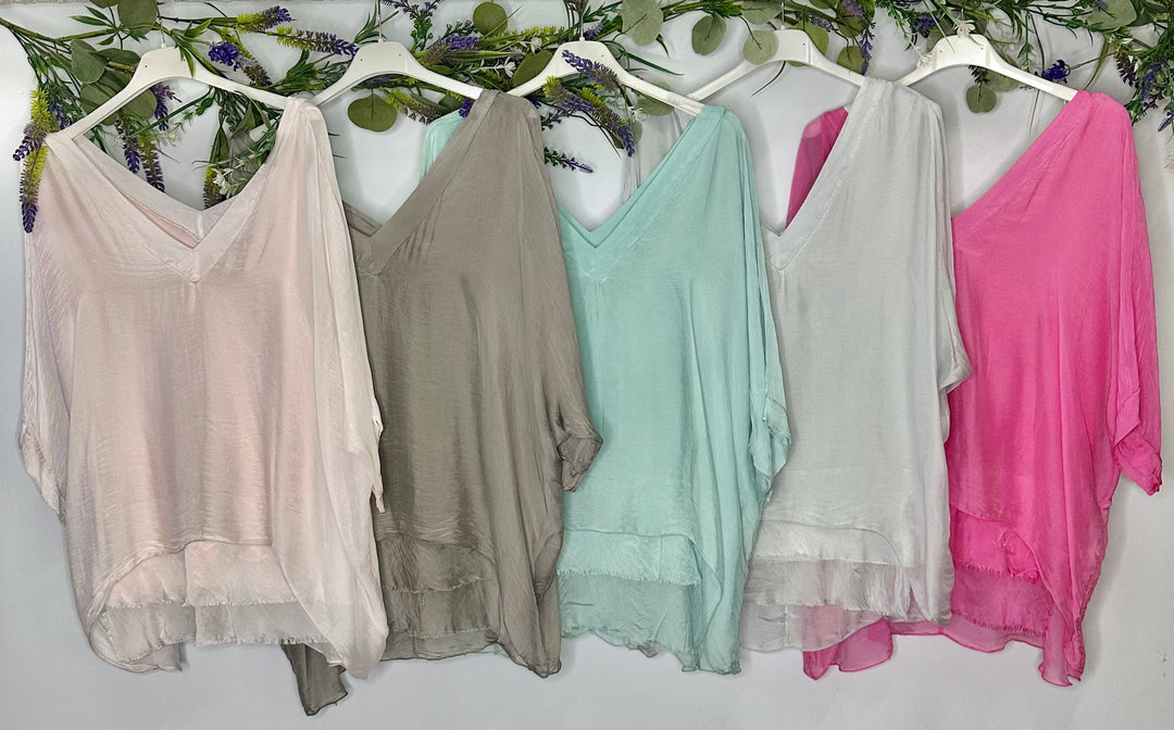 Silk Vneck Ruffle Top: Beige