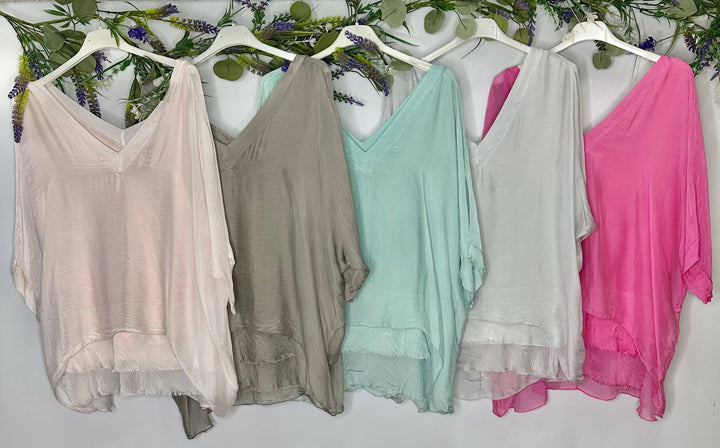 Silk Vneck Ruffle Top: Beige