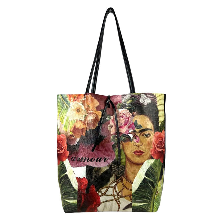 Leather Shopper Bag with Frida Kahlo: Blue