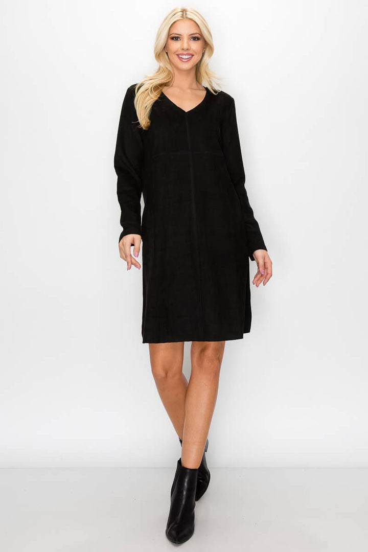 Aurora V-Neck Suede Dress: BLK / M / 2059V-NP