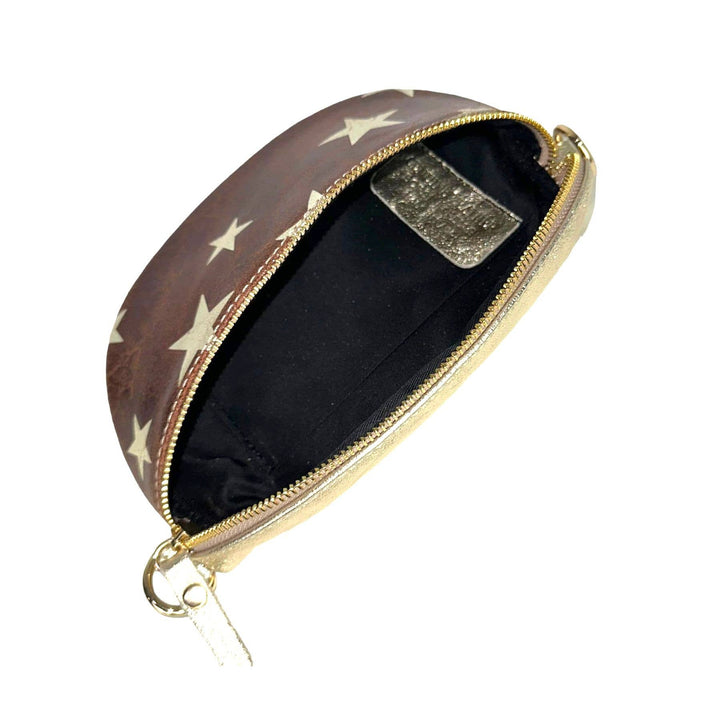 Metallic Leather Waist Bag with Star Print: Brown