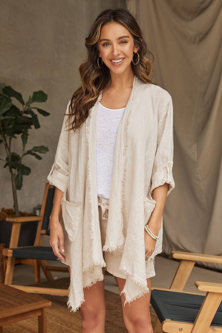 LINEN ASYMMETRICAL CARDI: Beige / S