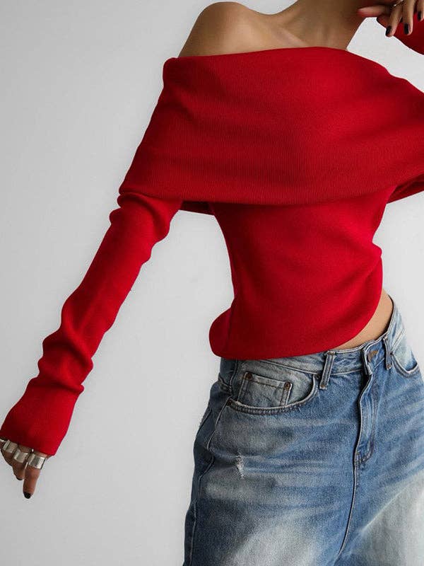 Off Shoulder Sweater:Red /S