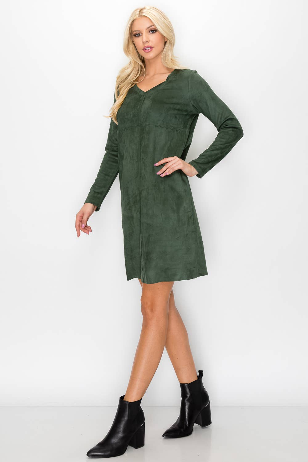 Aurora V-Neck Suede Dress: UMBER / M / 2059V