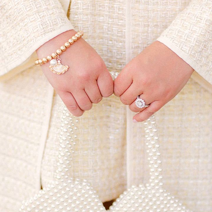 Brigitte French Fan & Pearl Charm Ball Bead Stretch Bracelet in Worn Gold