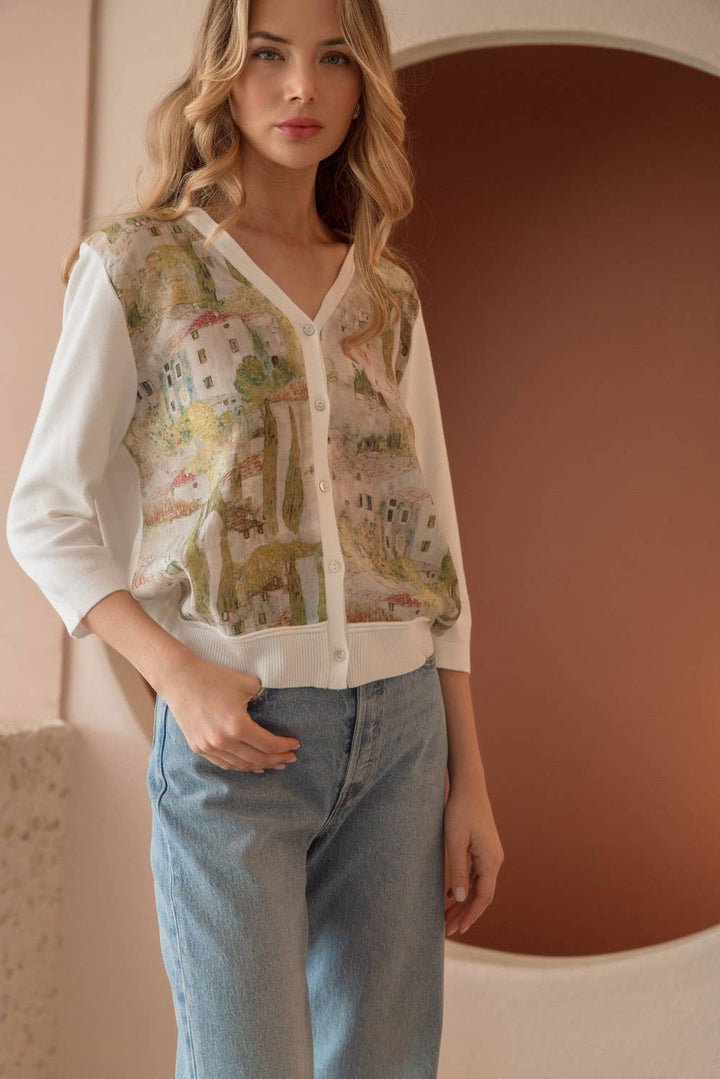 Print Cardigan: White / M