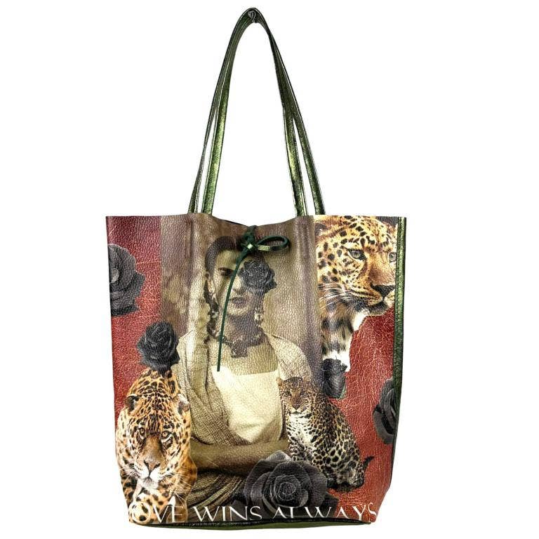 Leather Shopper Bag with Frida Kahlo: Blue