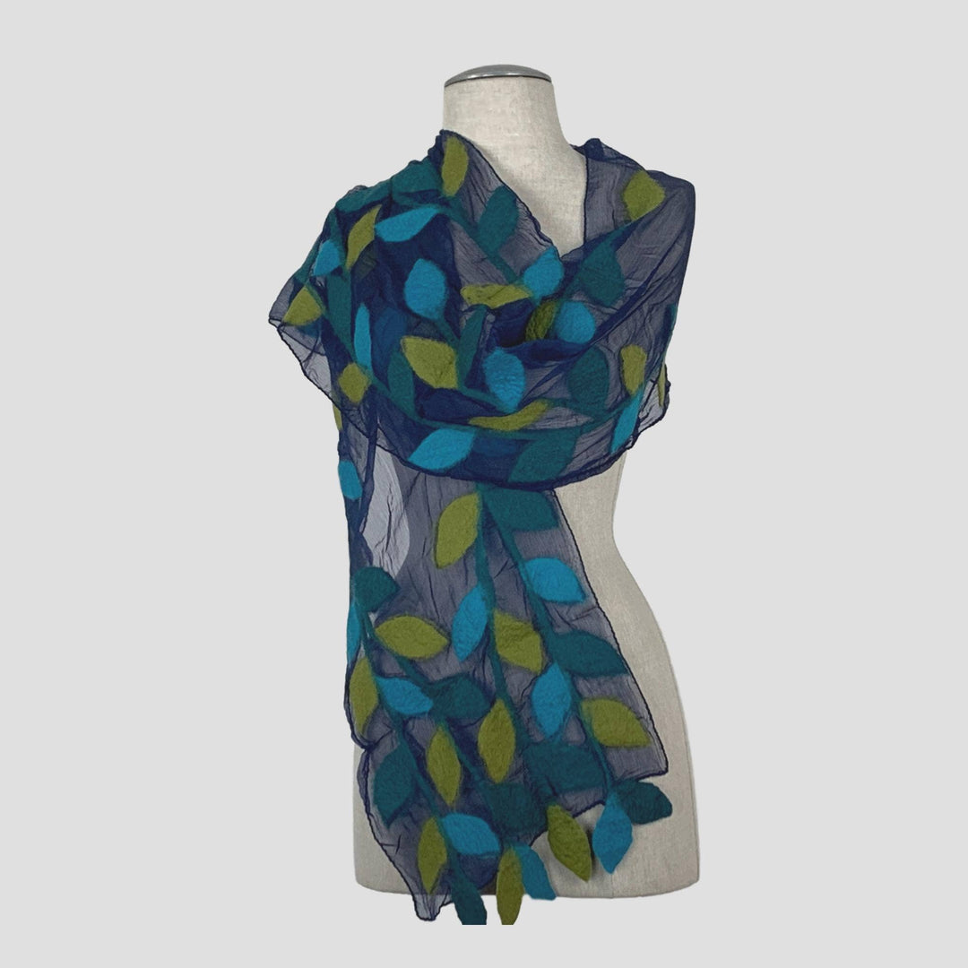 Leaf Merino Wool Handmade Felt Scarf: Blue-Green