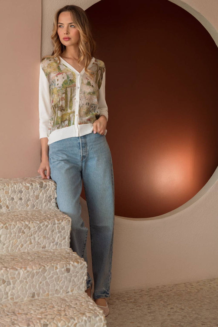Print Cardigan: White / M