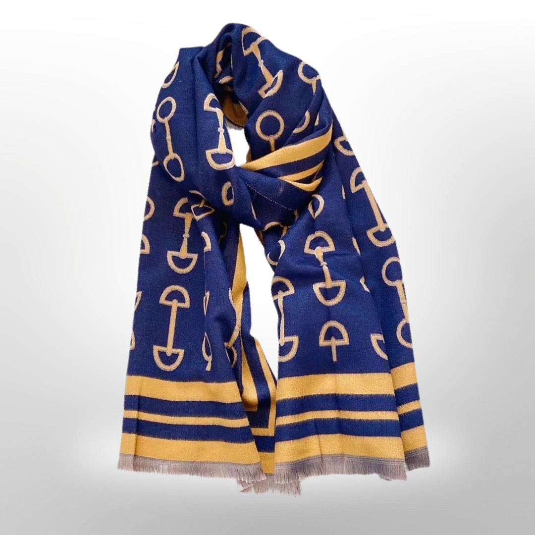 Equipage - Equestrian Snaffle Bit Horse Design Wool Blend Scarf Wrap: Navy Blue