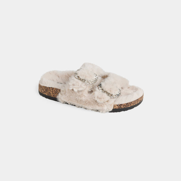 Glitz Buckle Fur Slide: Light Tan / 10