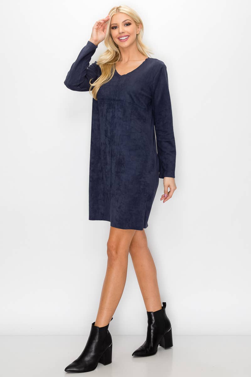 Aurora V-Neck Suede Dress: BLK / M / 2059V-NP