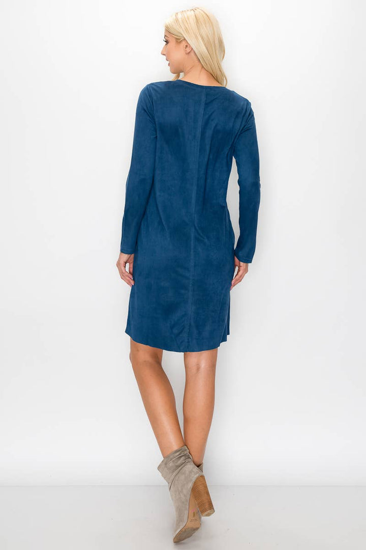 Aurora  V-Neck Suede Dress: TEAL / M / 2059V