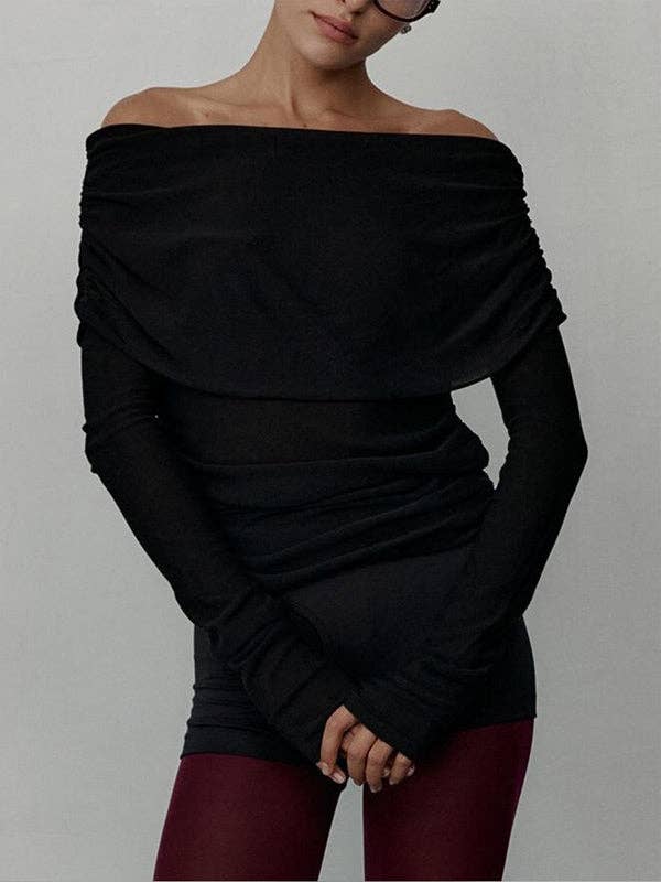 Off Shoulder Sweater Tops: BLACK / S