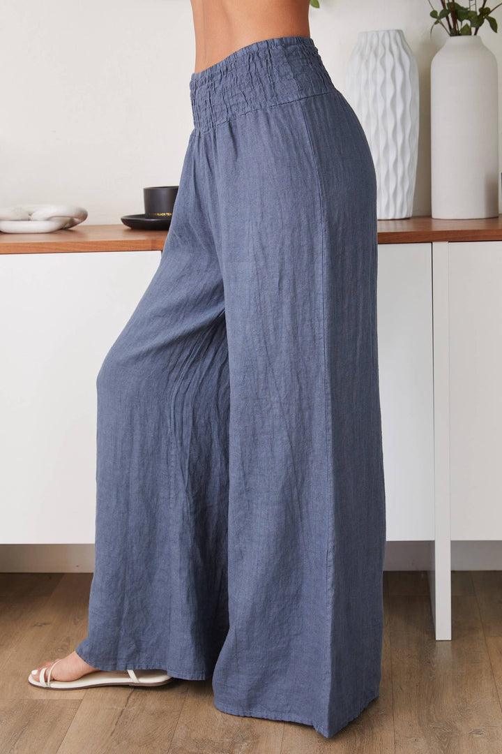 LINEN SMOCKED WAIST PANT: Mocha / XS