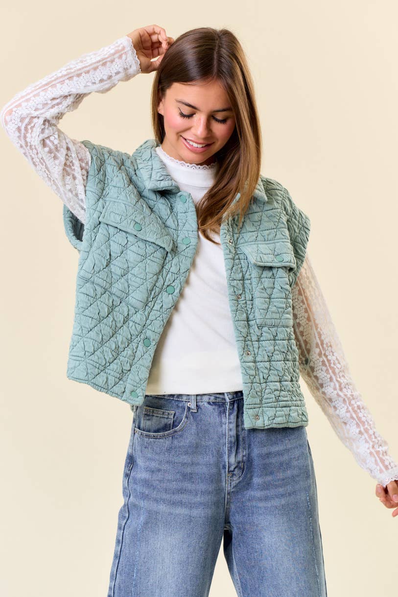 Doe and Rae - QUILTED POINT COLLAR FLAP PATCHED POCKET VEST - 10626J-1: OAT / S