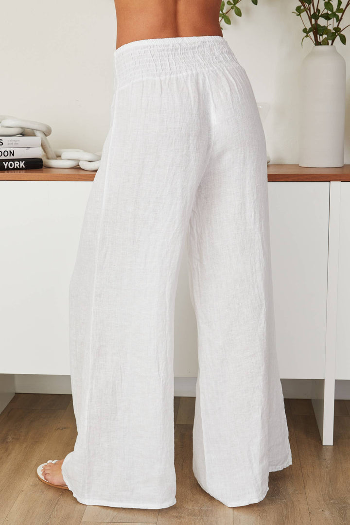 LINEN SMOCKED WAIST PANT: Mocha / L