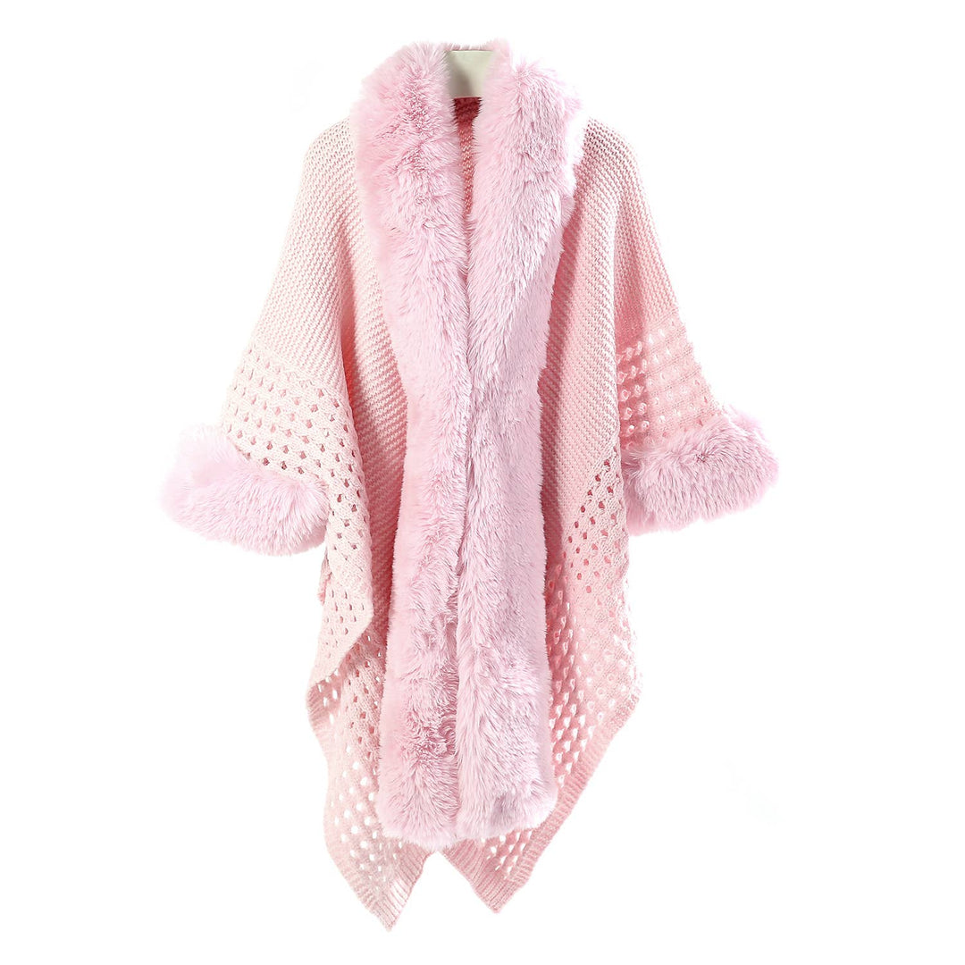 PE364 Hand knitted crochet fur trim cape: Silver