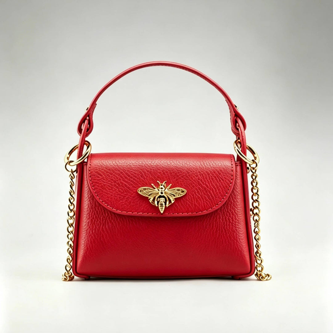 Mini Leather Bag with Gold Bee: Borgogna