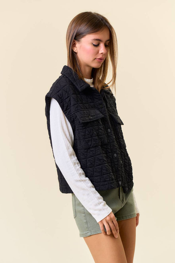 Doe and Rae - QUILTED POINT COLLAR FLAP PATCHED POCKET VEST - 10626J-1: OAT / S