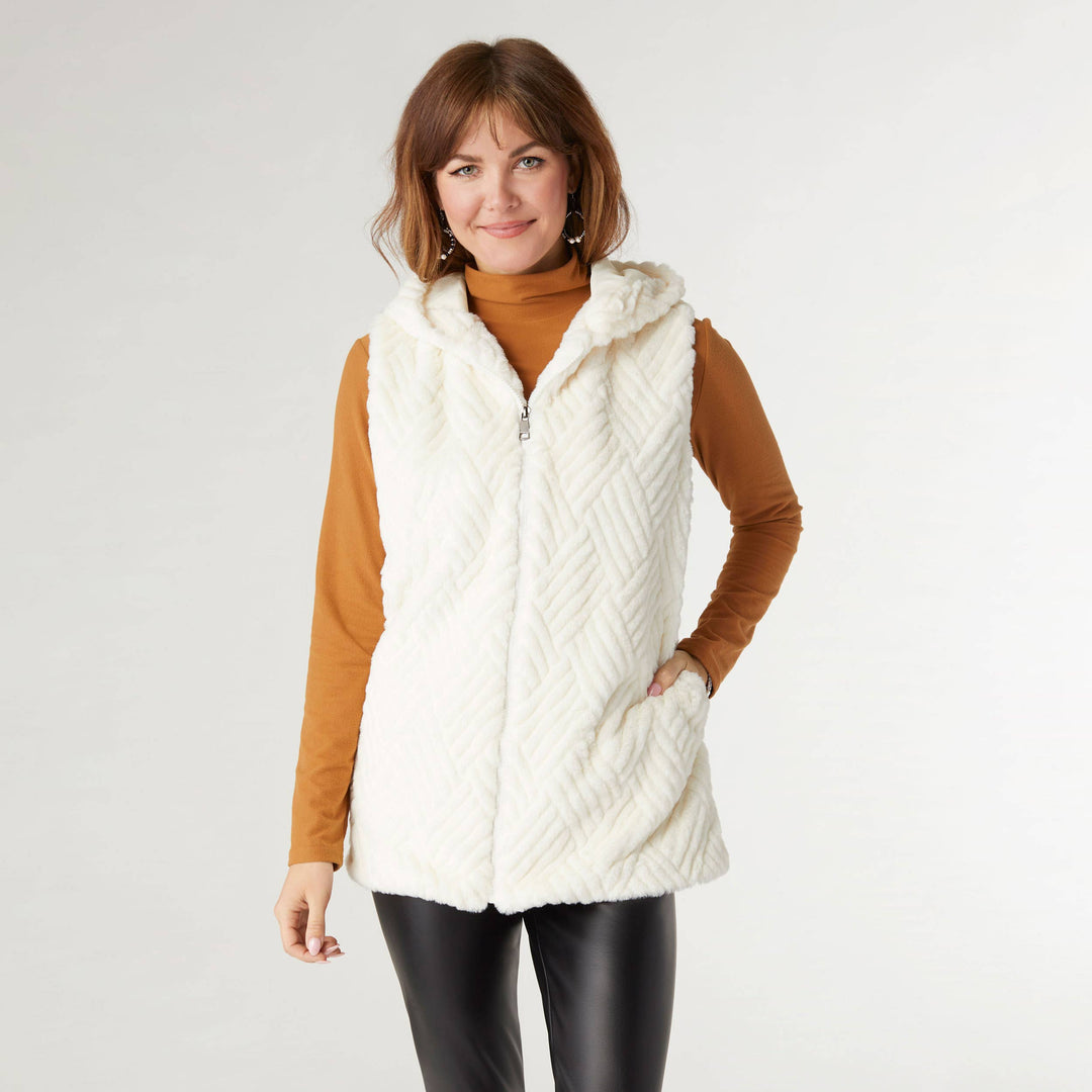 Faux Fur Hooded Vest: Off White / L/XL