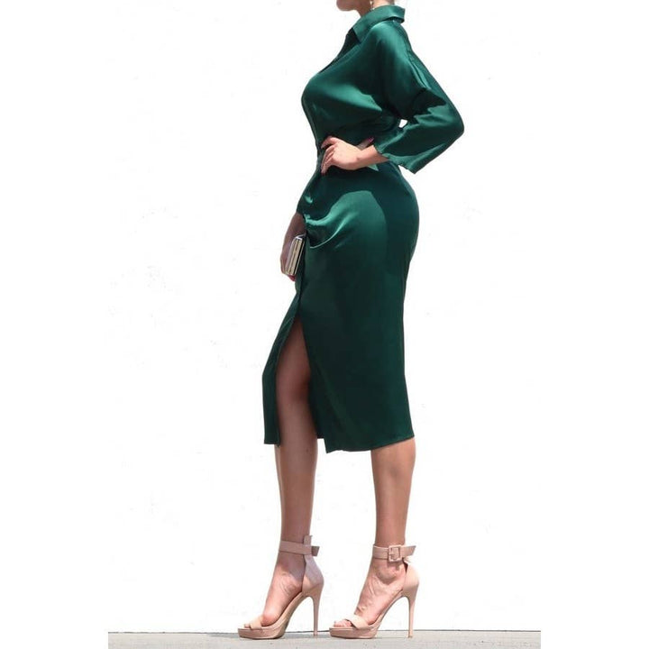 SATIN DRESS WITH WAIST TIE: TEAL / M