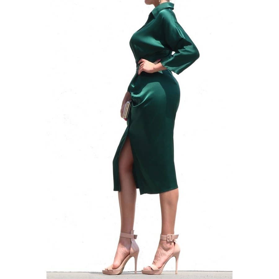 SATIN DRESS WITH WAIST TIE: BURGUNDY / L