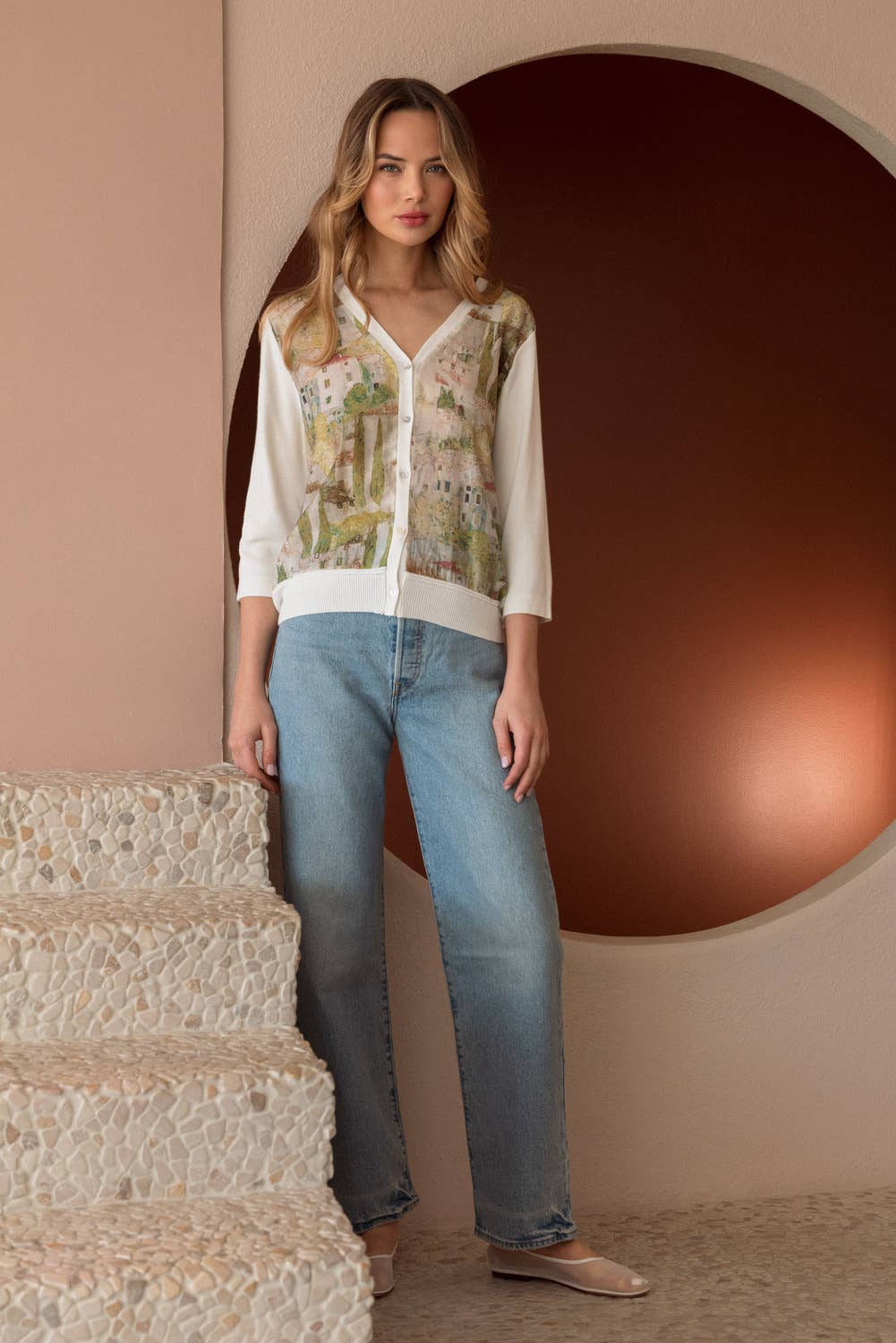 Knitted Print Cardigan: White / XL
