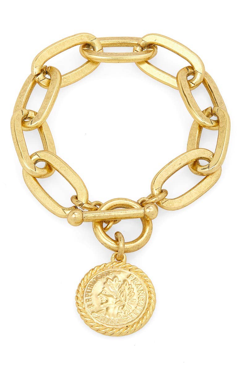 Elongated link layering bracelet with coin charm dangle