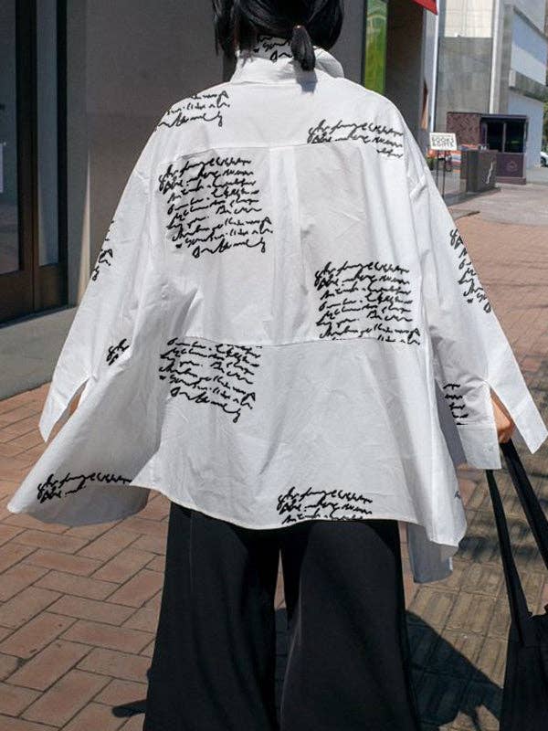 Letter Print Blouse: WHITE / M