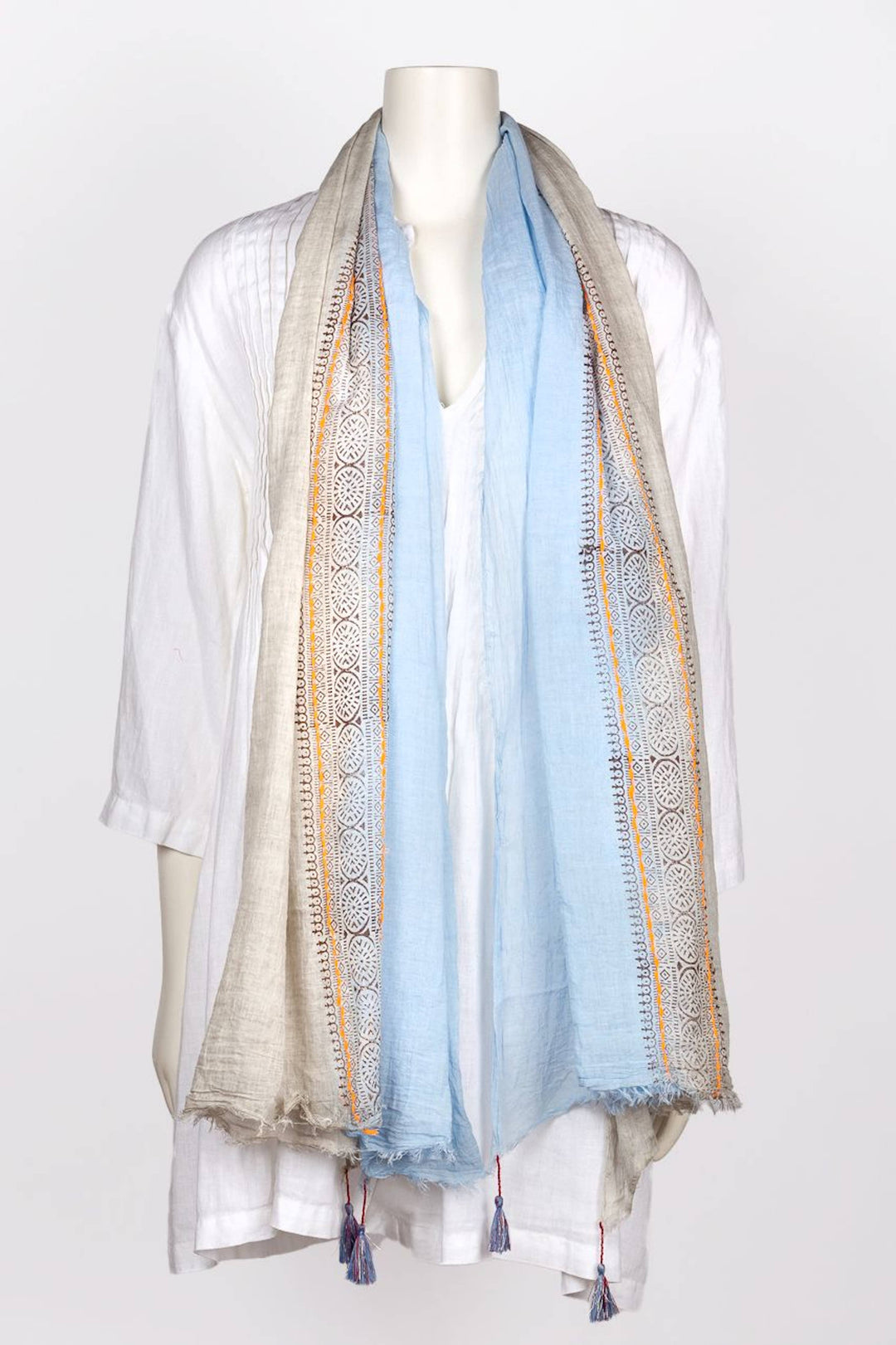Anika Block Print Cotton Scarf: Grey Blue