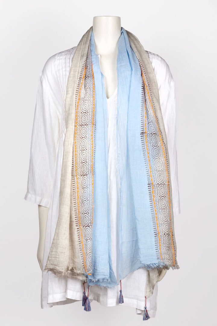 Anika Block Print Cotton Scarf: Grey Blue