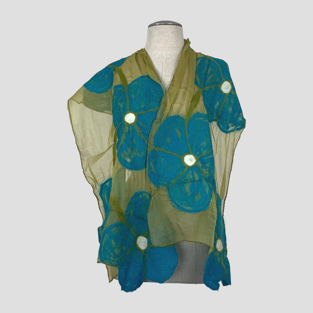 Beige On Turquoise Flower Wet Felt Scarf