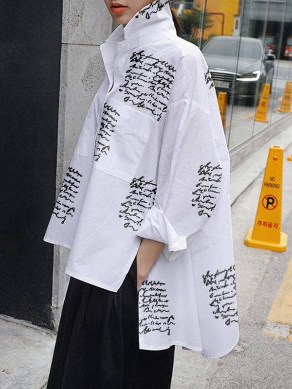 Letter Print Blouse: WHITE / XL