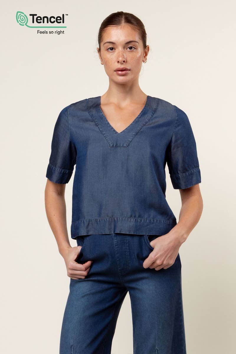 V-Neck Band Blouse: Dark Blue / L