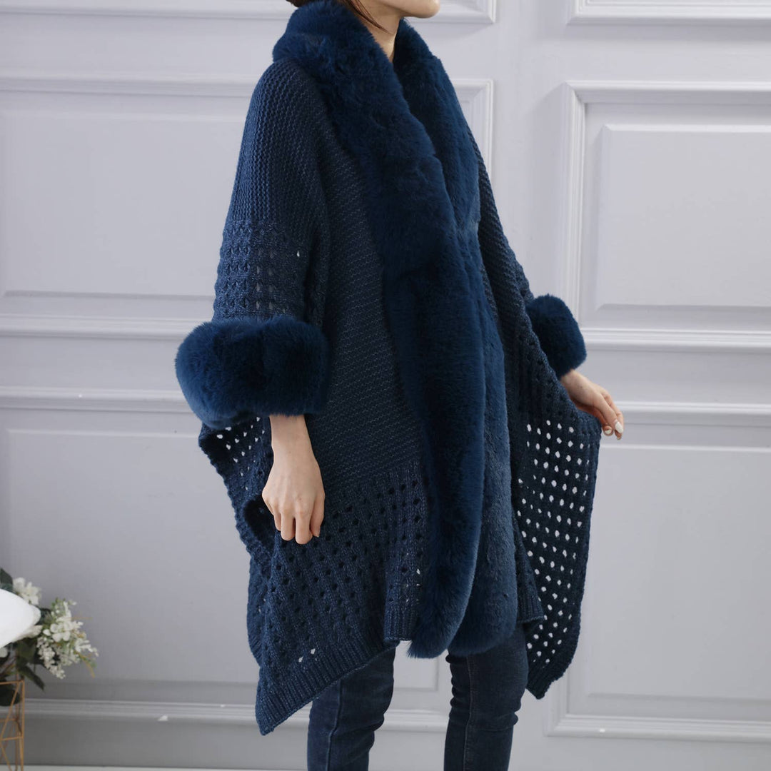 PE364 Hand knitted crochet fur trim cape: Black