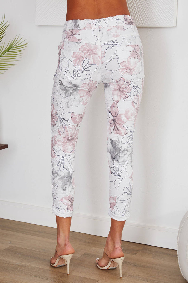 FLORAL PRINT CRINKLE JOGGER WHT): L