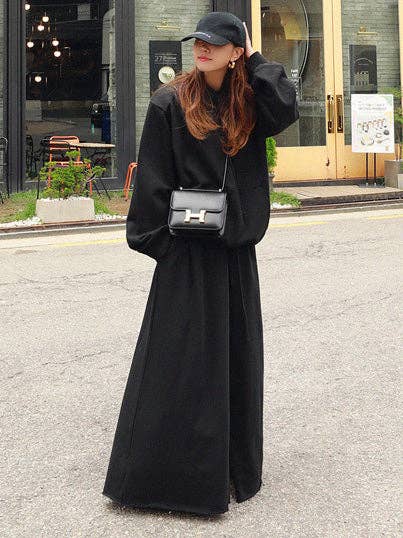 Loose Urban Gray Wide Leg Elastic Waist Pants: BLACK / M