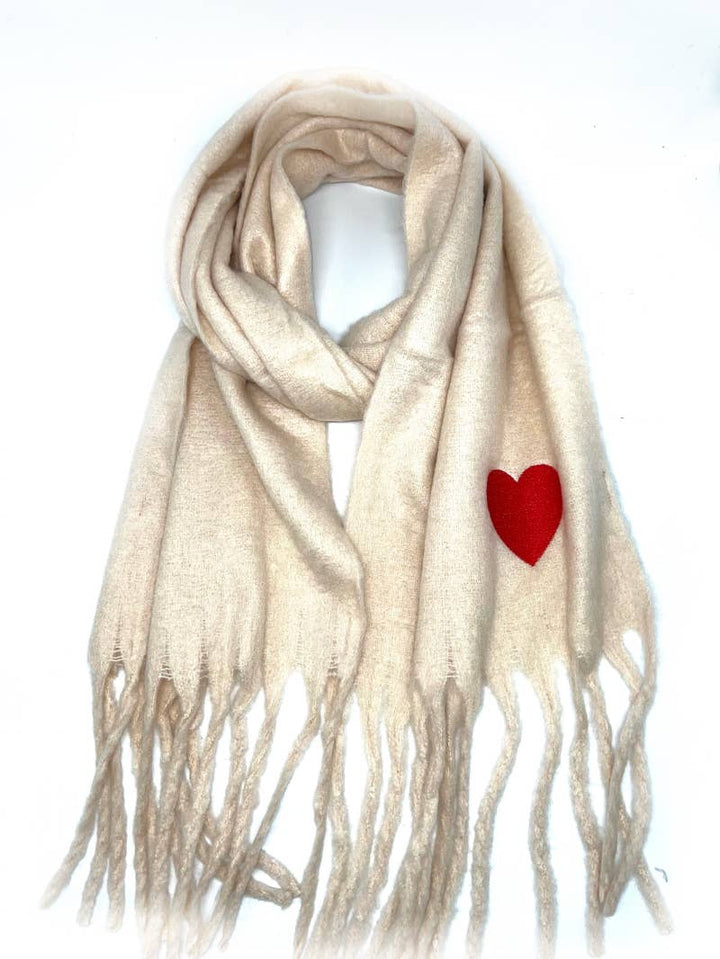 HH-210 Big fringe scarf with heart : Beige